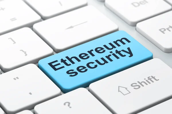 Concepto de cadena de bloques: Ethereum Security en el fondo del teclado del ordenador — Foto de Stock