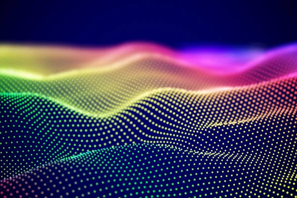 Paesaggio digitale astratto o onde sonore con particelle che scorrono . — Vettoriale Stock