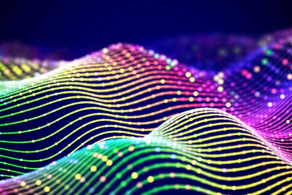 Ondes sonores 3D avec des points colorés. Visualisation abstraite Big Data . — Image vectorielle