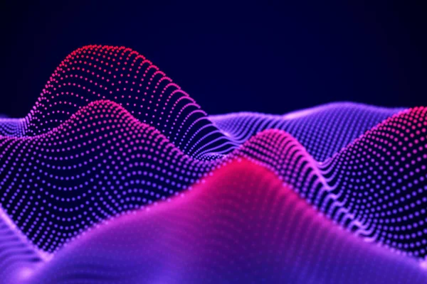 Paisaje abstracto de partículas digitales de neón u ondas sonoras . — Vector de stock