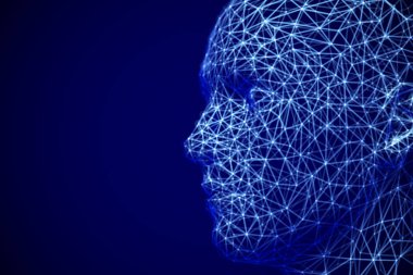 Siber uzay veya makine öğrenme konsepti: çokgen erkek yüz profili.