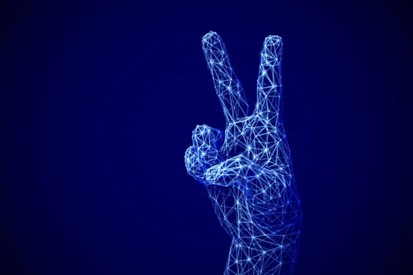 Concept de victoire de l'intelligence artificielle : main humaine ou robot numérique 3D montrant le geste de victoire . — Image vectorielle