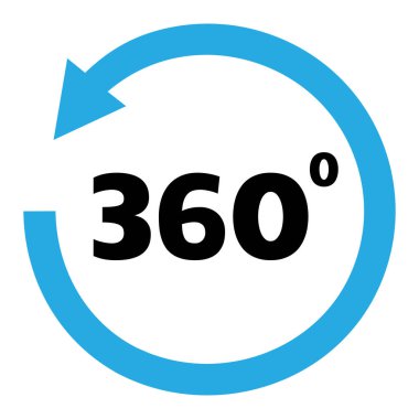 Açı 360 derece simgesi. Mavi ve siyah renk. Vektör çizim