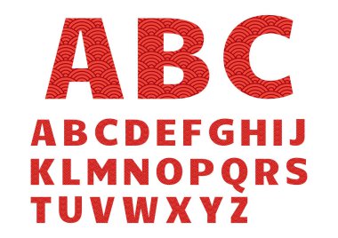 Kırmızı yazı grafik tipi alfabe Çin desenli. Vektör çizim