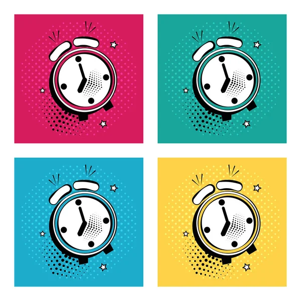 Set White Comic Alarm Clock Stars Colorful Background Pop Art — Stock Vector