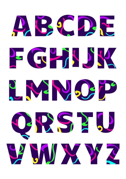 Paarse Lettertype Alfabet Met Heldere Splash Memphis Stijl Vectorillustratie — Stockvector