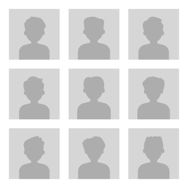 Avatar profil resim simge kümesi. Gri siluetleri üzerinde açık gri renkli. Portreler erkekler. Vektör çizim