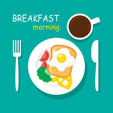 Sabah kahvaltı üstten görünüm. Omlet, peynir, domates, brokoli ve kahve. Vektör çizim