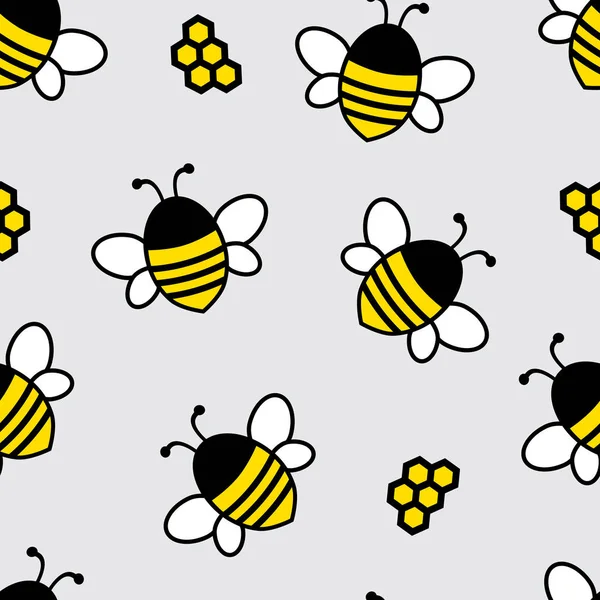 Seamless mönster med tecknad flying bee och honeycomb på grå bakgrund. Vektorillustration — Stock vektor