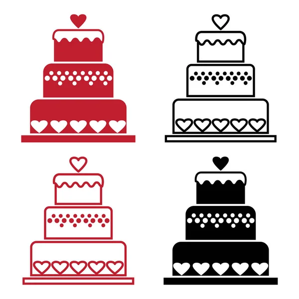 Red Black Set Cake Heart Valentine Day Контур Плоский Дизайн — стоковый вектор