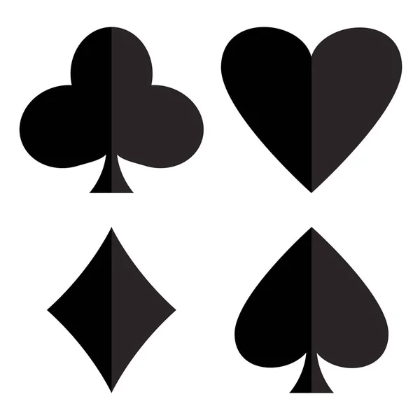 Tema del gioco d'azzardo. Set di carte da gioco. Tute da poker - cuore, club, vanga e diamanti. Silhouette nere. Illustrazione vettoriale — Vettoriale Stock