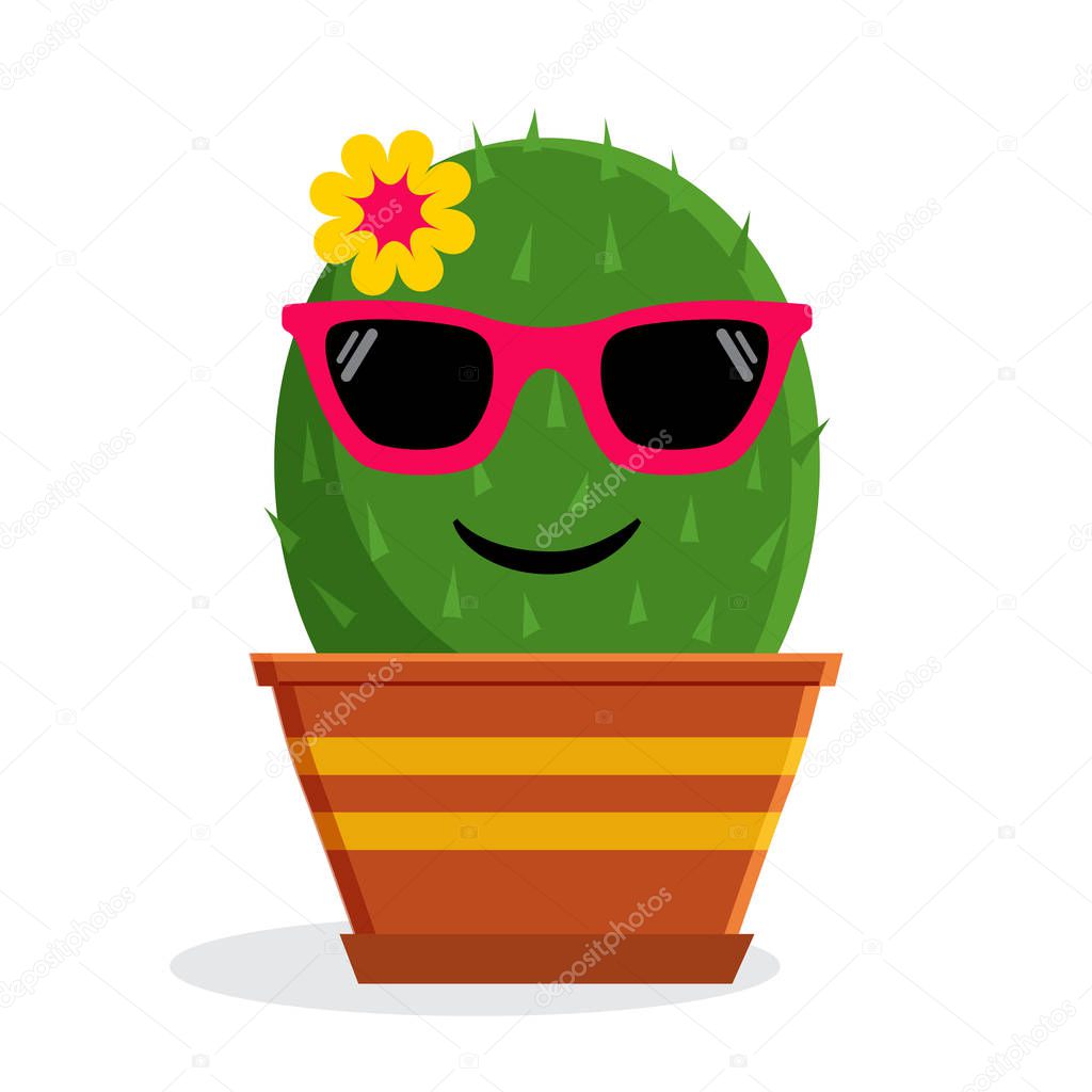 Summer cartoon emoticon cactus with sunglasses. Vector illustration