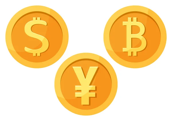 Szett Arany Érme Pénzt Ikonok Dollár Bitcoin Yuan Vektoros Illusztráció — Stock Vector