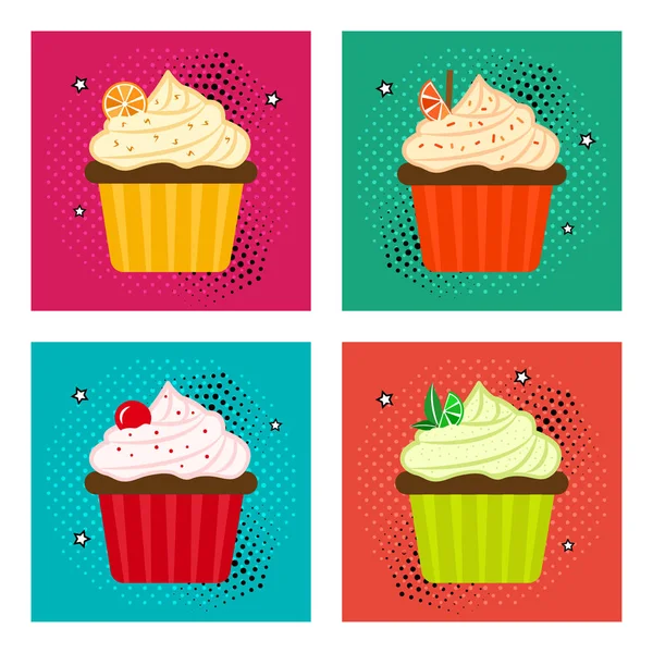 Zoete Dessert Set Van Fruit Cupcake Iconen Pop Art Stijl — Stockvector