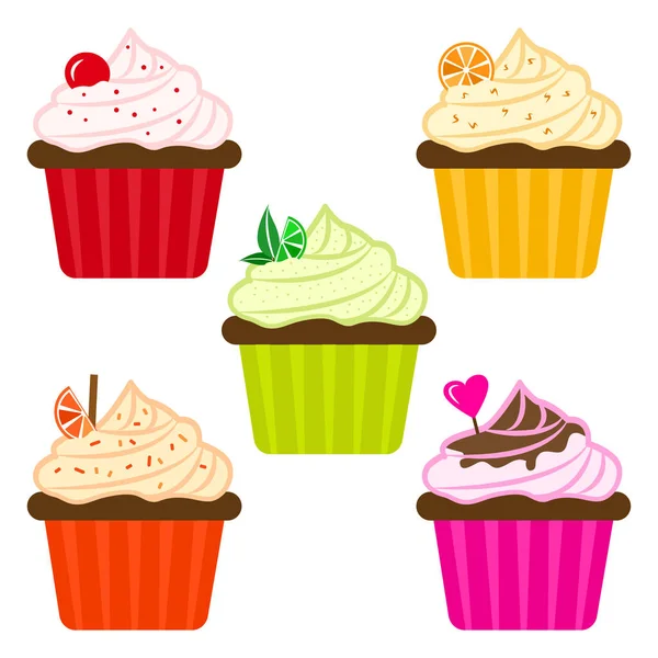 Zoete Dessert Kleurrijke Set Van Fruit Cupcakes Vectorillustratie — Stockvector