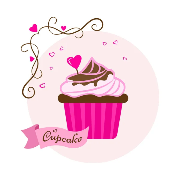 Roze Zoete Dessert Feestelijke Cupcake Met Chocolade Hart Voor Valentijnsdag — Stockvector