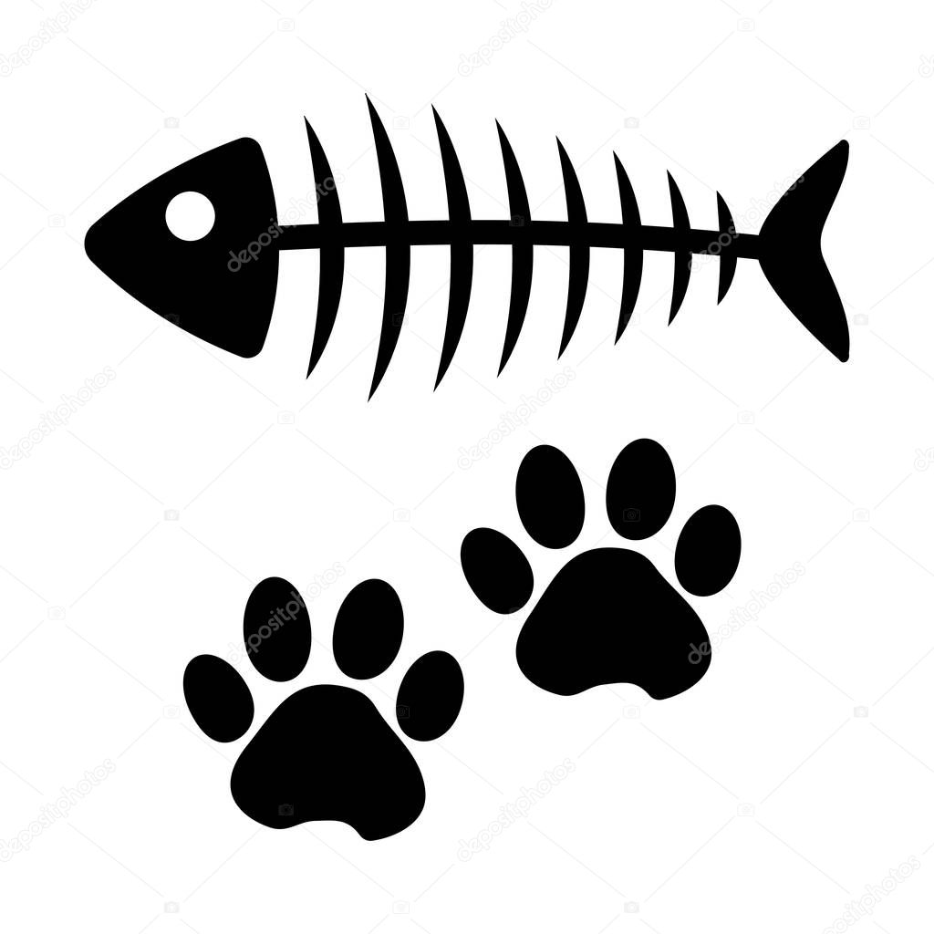 Fish bone and cat paw track. Black silhouette. Vector illustration