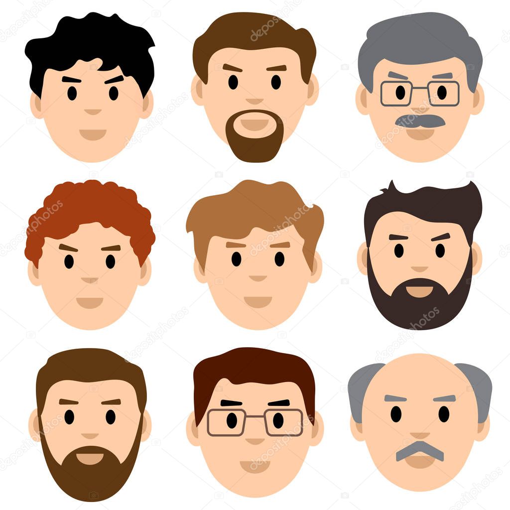 Colored set of avatars, faces of men. Male characters. Vector illustration