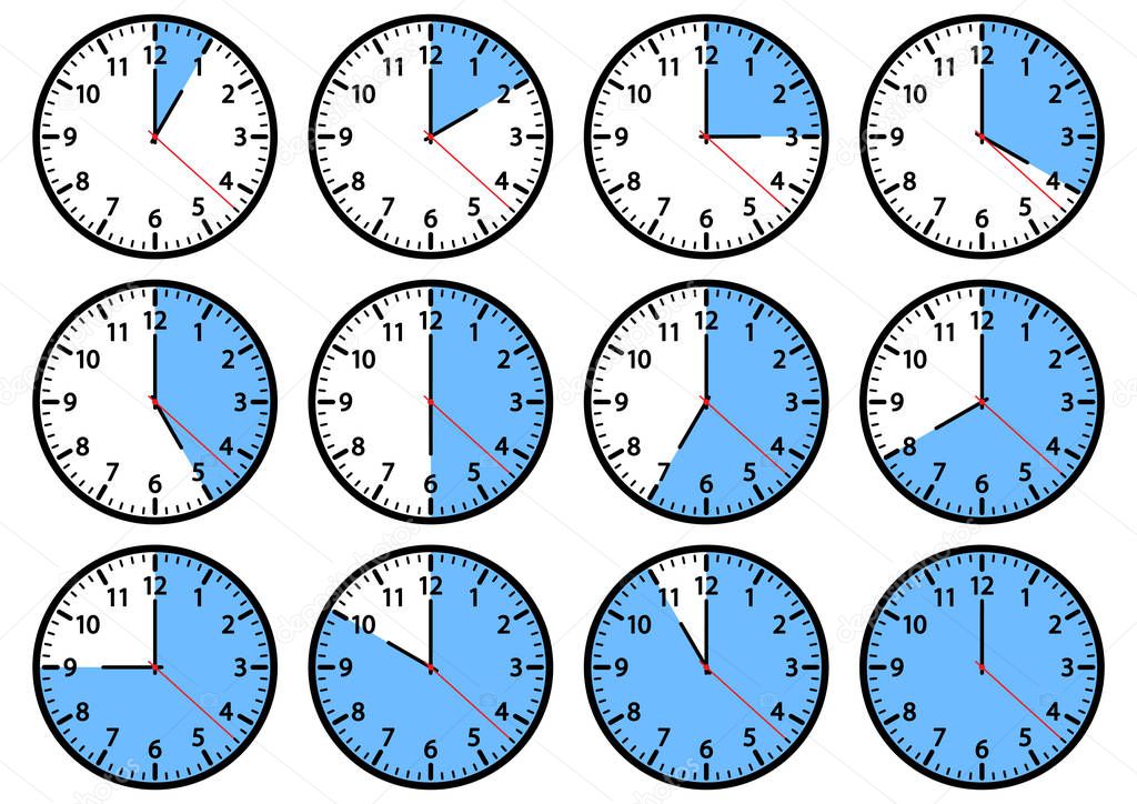 Set of clock icons showing different time. Blue and black colors. Vector illustration