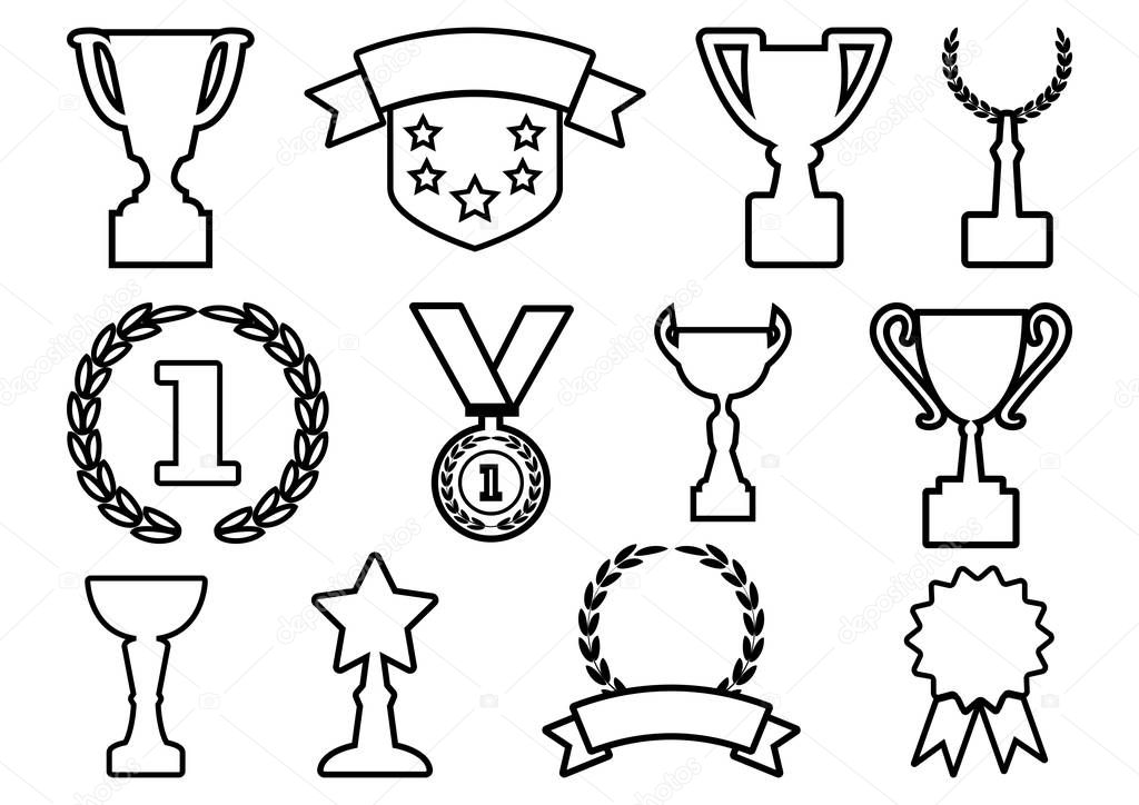 Set of awards and cups, outline design. Vector illustration