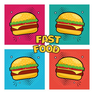 Fast food. Pop sanat tarzı çizburger simgeler kümesi. Vektör çizim