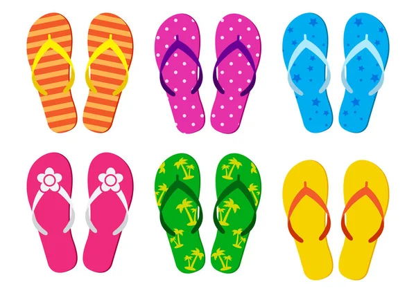 Färgstark Uppsättning Sommar Flip Flops Vektorillustration — Stock vektor