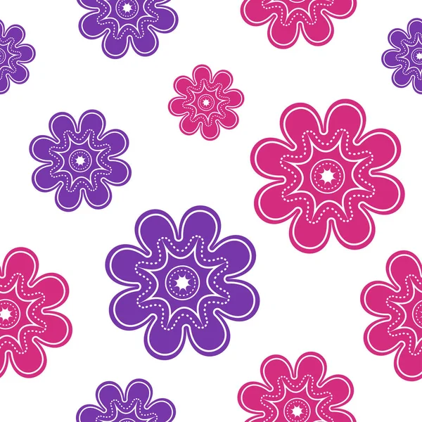 白地にピンクと紫の花とのシームレスなパターン ベクトル図 — ストックベクタ