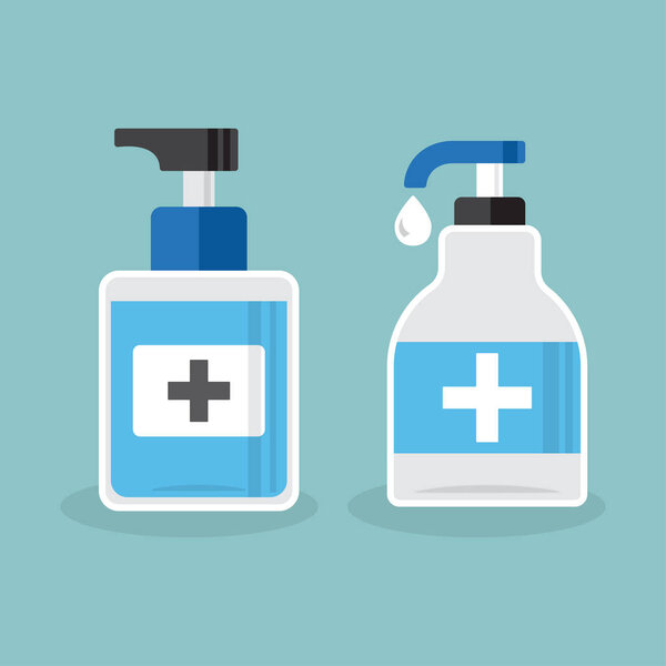 Дезинфекция. Набор ручных дезинфицирующих бутылок, гель для мытья рук. Векторная иллюстрация
