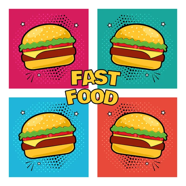 Fast Food Készlet Sajtburger Ikonok Pop Art Stílusban Vektoros Illusztráció — Stock Vector