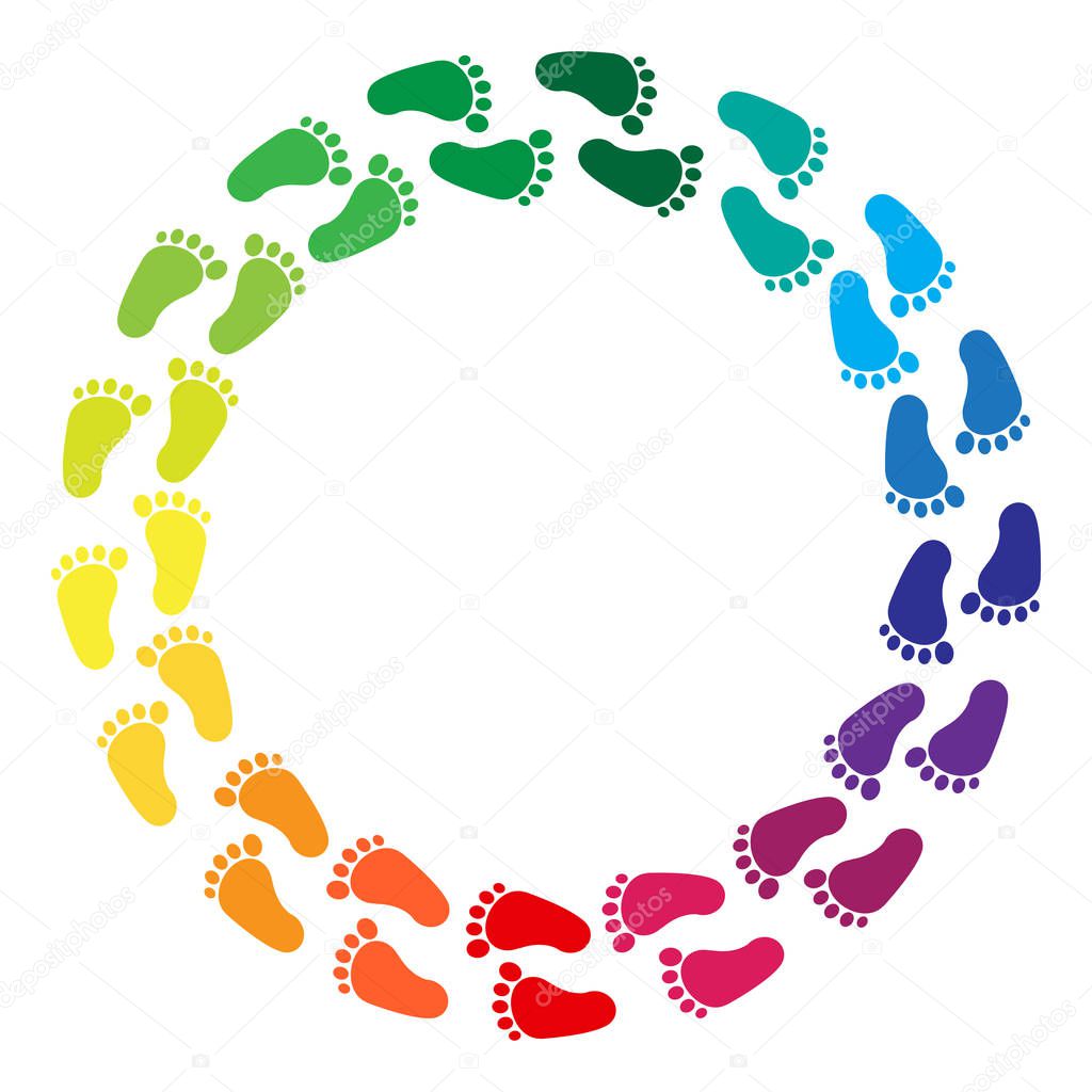 Rainbow colored traces of human feet, round frame. Vector illustration