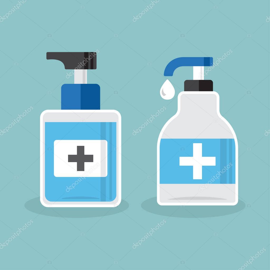 Disinfection. Set of hand sanitizer bottles, washing gel. Vector illustration