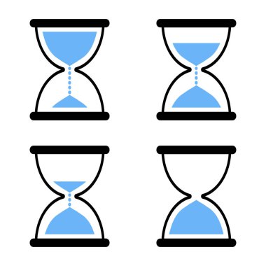 Kum saati simgeler kümesi. Mavi ve siyah renk. Vektör çizim