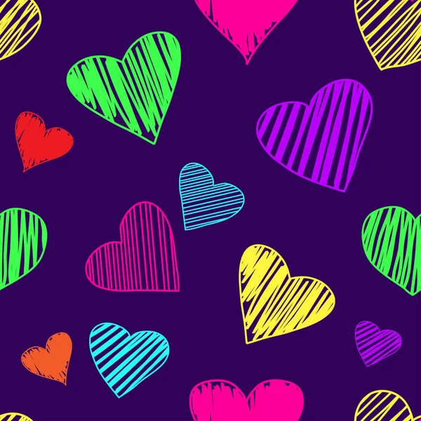 Seamless Pattern Colorful Hearts Dark Purple Background Vector Illustration — Stock Vector