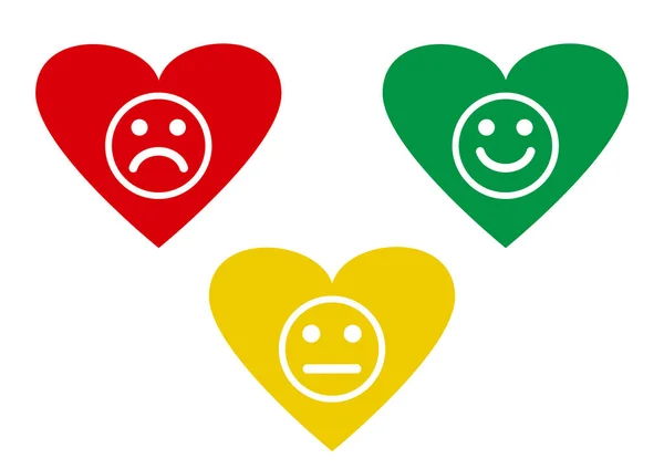 Красное Желтое Зеленое Сердца Негативными Нейтральными Позитивными Эмоциями Разным Настроением — стоковый вектор