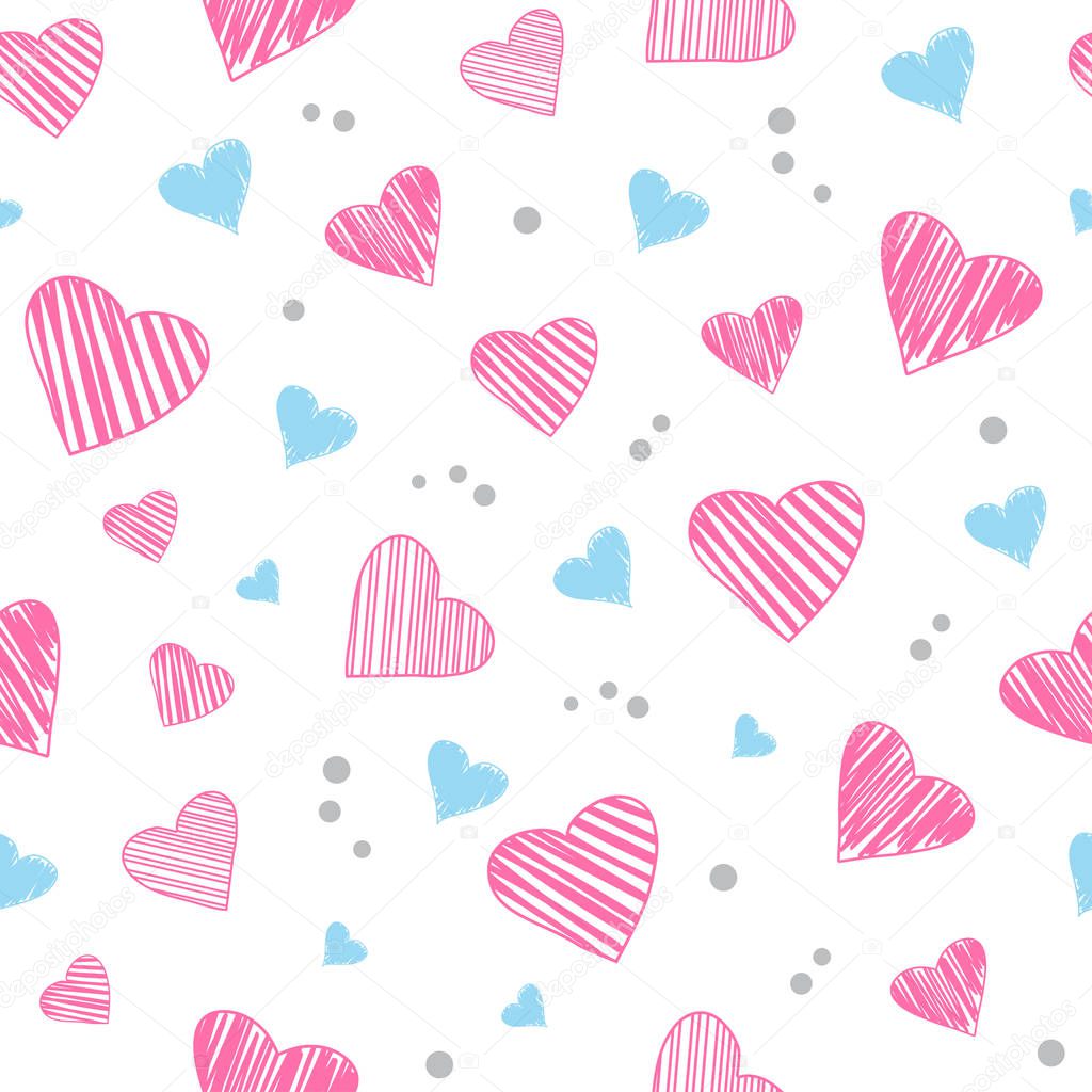 Seamless pattern with light pink and blue hearts isolated on white background. Vector illustration