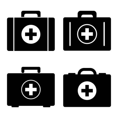 Siyah ve beyaz ilk yardım kitleri ayarlayın. Tıbbi simge. Vektör çizim