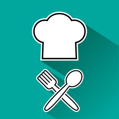 Menü simgesini. Chef şapka ve çatal, kaşık. Siyah ve beyaz siluet gölge turkuaz arka plan ile. Vektör çizim