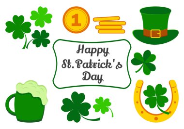 Aziz Patrick günü için ayarlayın. Semboller bir tatil. Yonca, paralar, şapka, at nalı, bira. Vektör çizim