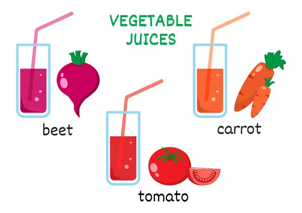 五颜六色的蔬菜汁 甜菜汁 胡萝卜汁 番茄汁 矢量插图 — 图库矢量图片
