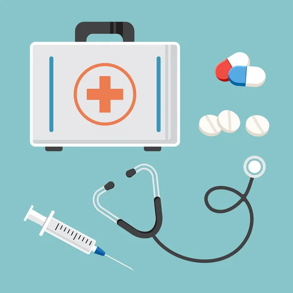 Medicine Set First Aid Kit Stethoscope Syringe Pills Vector Illustration — Stock Vector