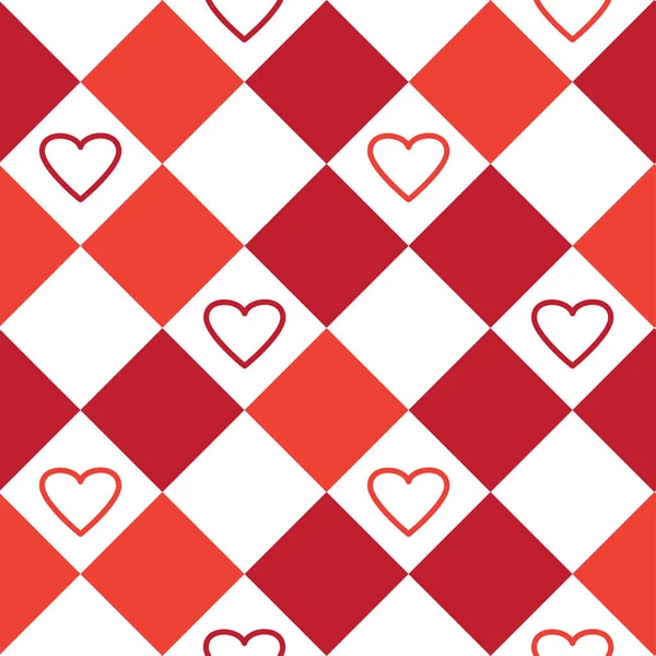 Beyaz Kırmızı Kareler Kalpleri Ile Geometrik Seamless Modeli Vektör Çizim — Stok Vektör