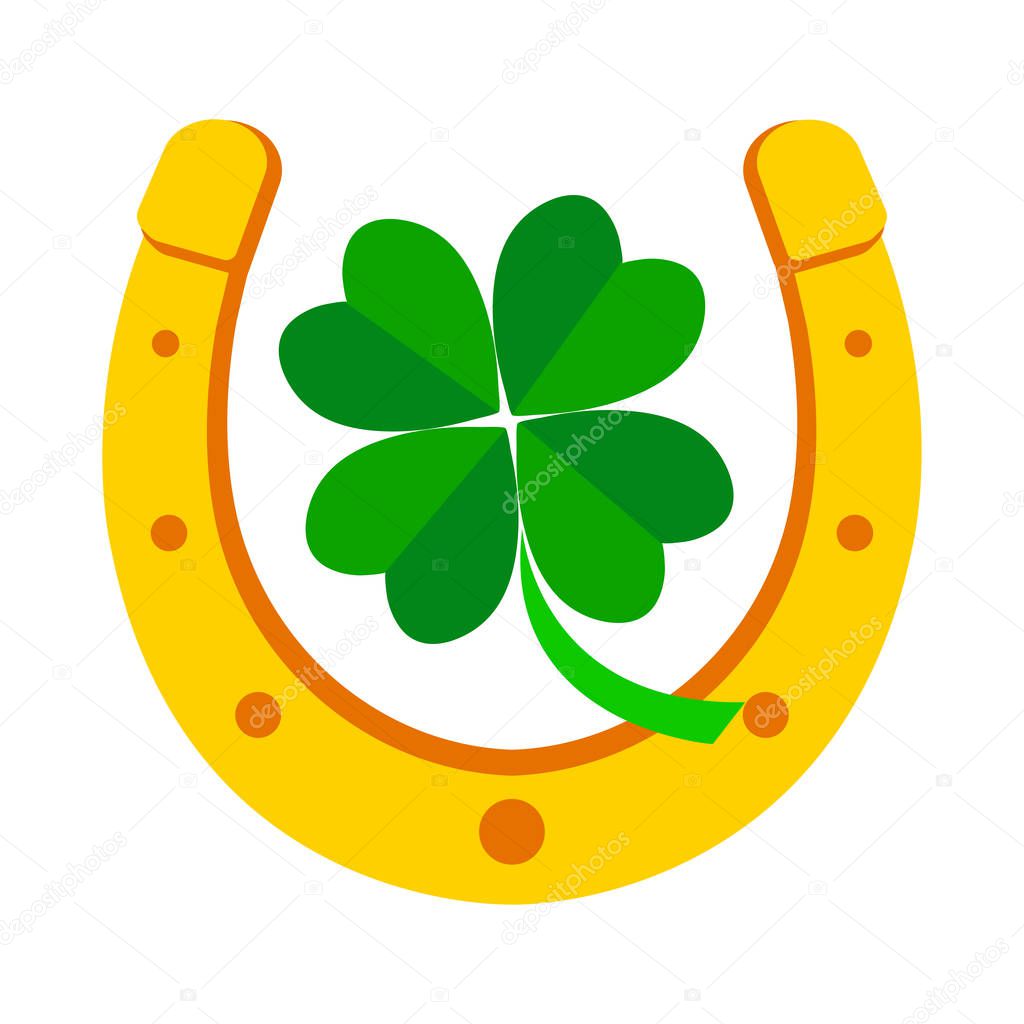 Golden horseshoe and green four leaf clover. Lucky symbols. Vector illustration.