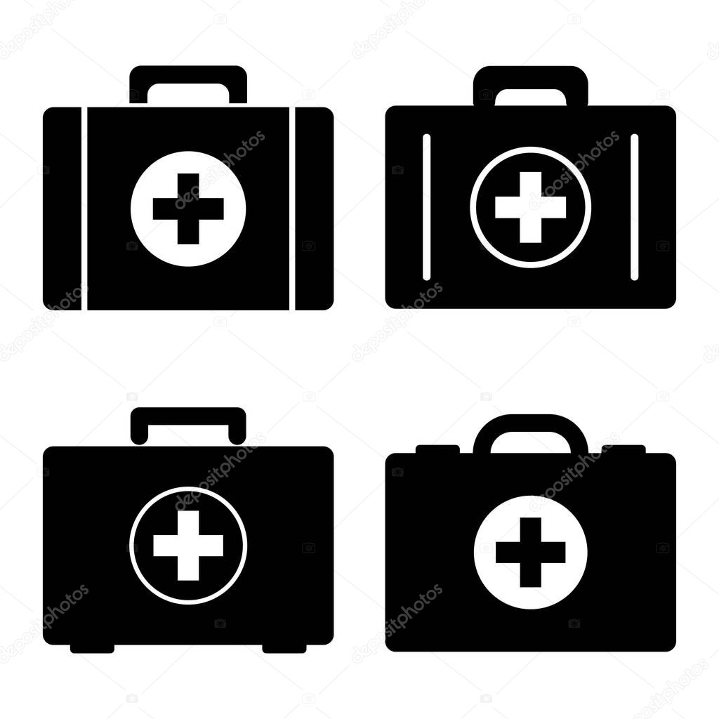 Black and white set of first aid kits. Medical icon. Vector illustration