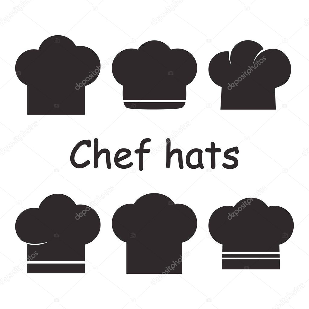 Set of chef hats, black and white silhouette. Vector illustration