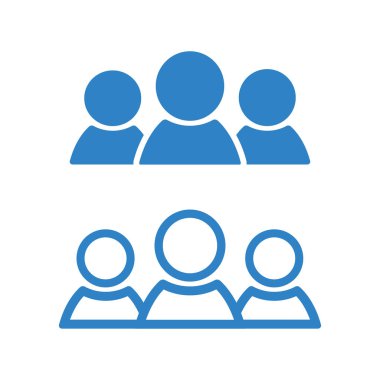 İnsanlar simgesi. Mavi siluet, düz ve anahat tasarımı. Vektör çizim