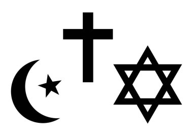 Üç dünya dinleri simge. Islam, Hıristiyanlık ve Yahudilik. Siyah siluet. Vektör çizim