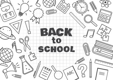 Okula dönüş. Okul malzemeleri damalı arka plan, siyah anahat tasarımı üzerine çerçeve. Vektör çizim