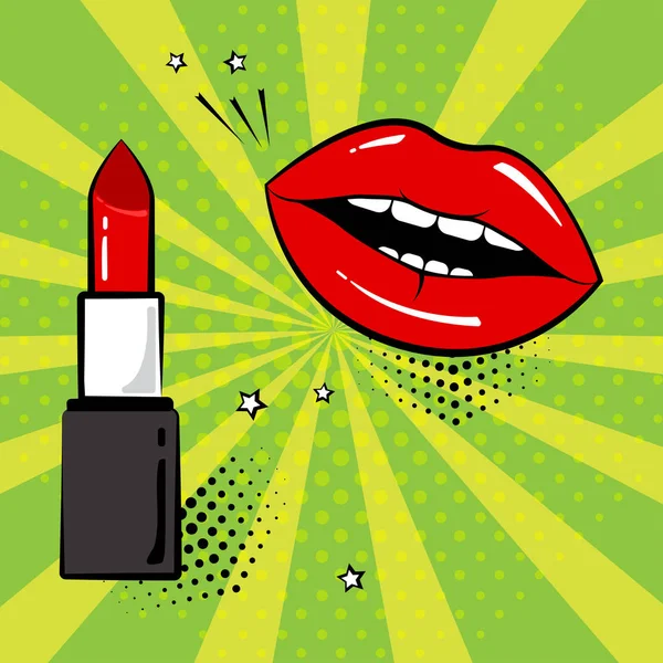 Knallroter Lippenstift Pomade Und Weibliche Lippen Auf Grünem Hintergrund Vektorillustration — Stockvektor