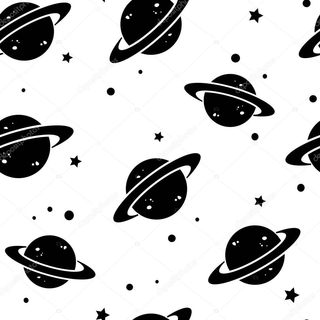 Seamless pattern with black planets and stars isolated on white background. Vector illustration