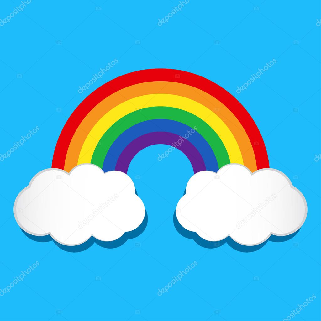 Rainbow and clouds on blue background. Vector illustration